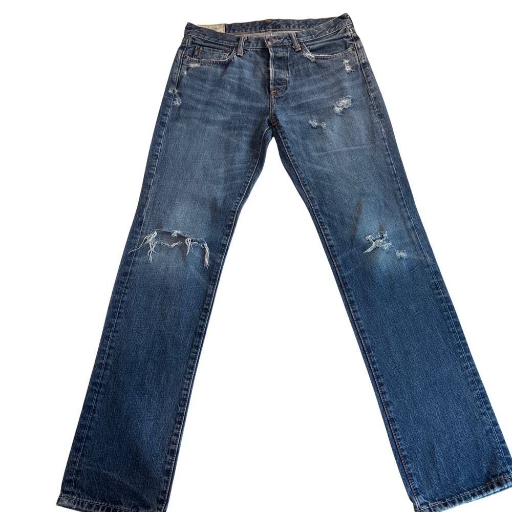 Abercrombie & Fitch Mens 32x34 Distressed Straight Leg Jeans Blue Button Fly